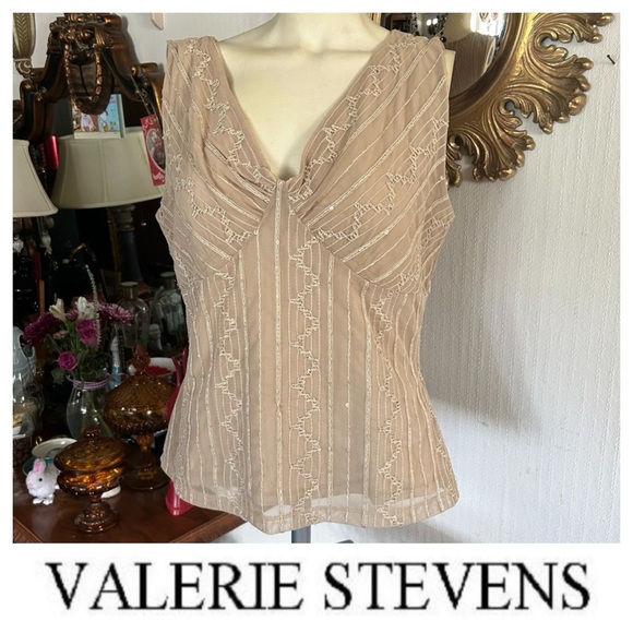 Valerie Stevens Tops - Tan Lace & Sequin Sleeveless Top
